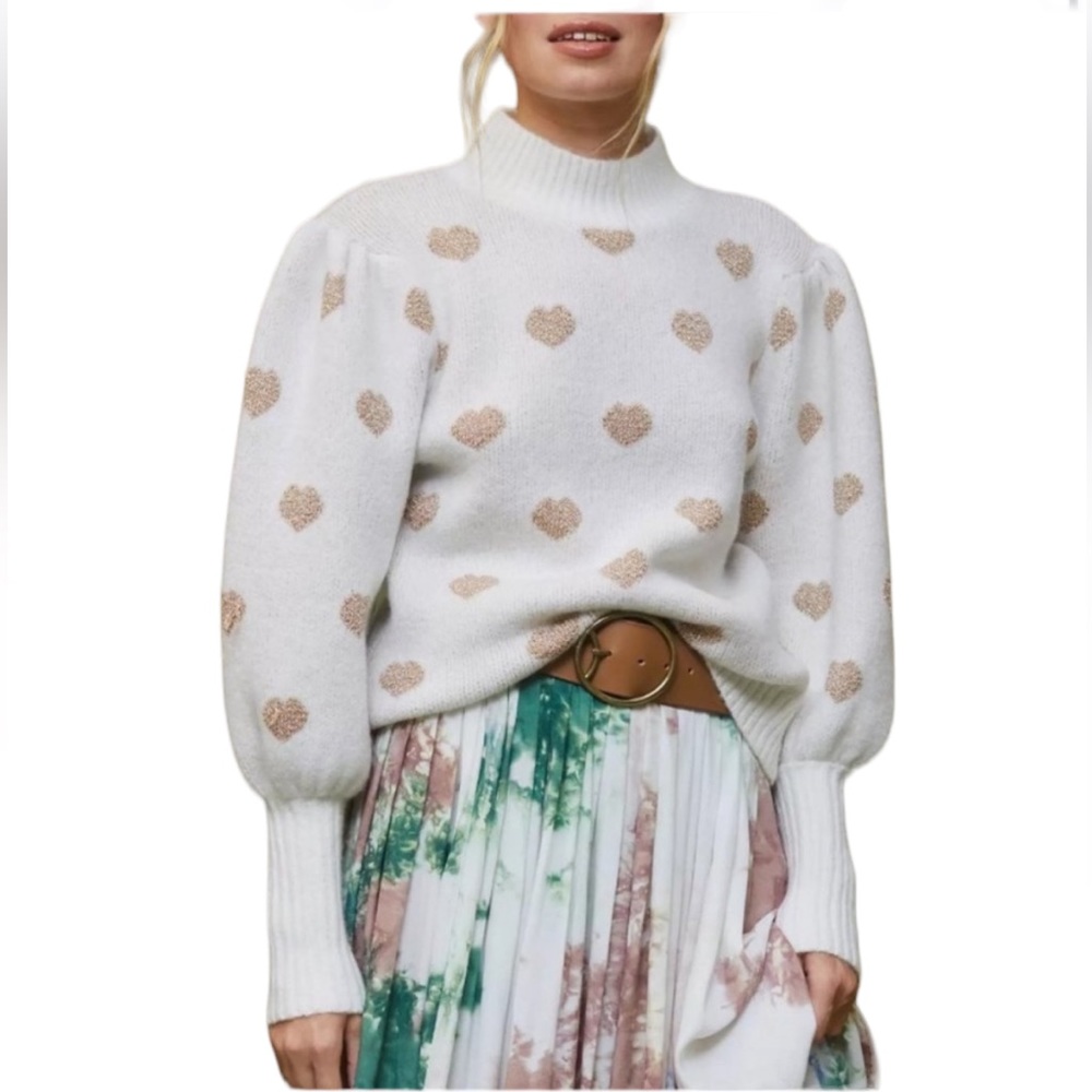 Anthropologie White Sweater with Gold Heart Details